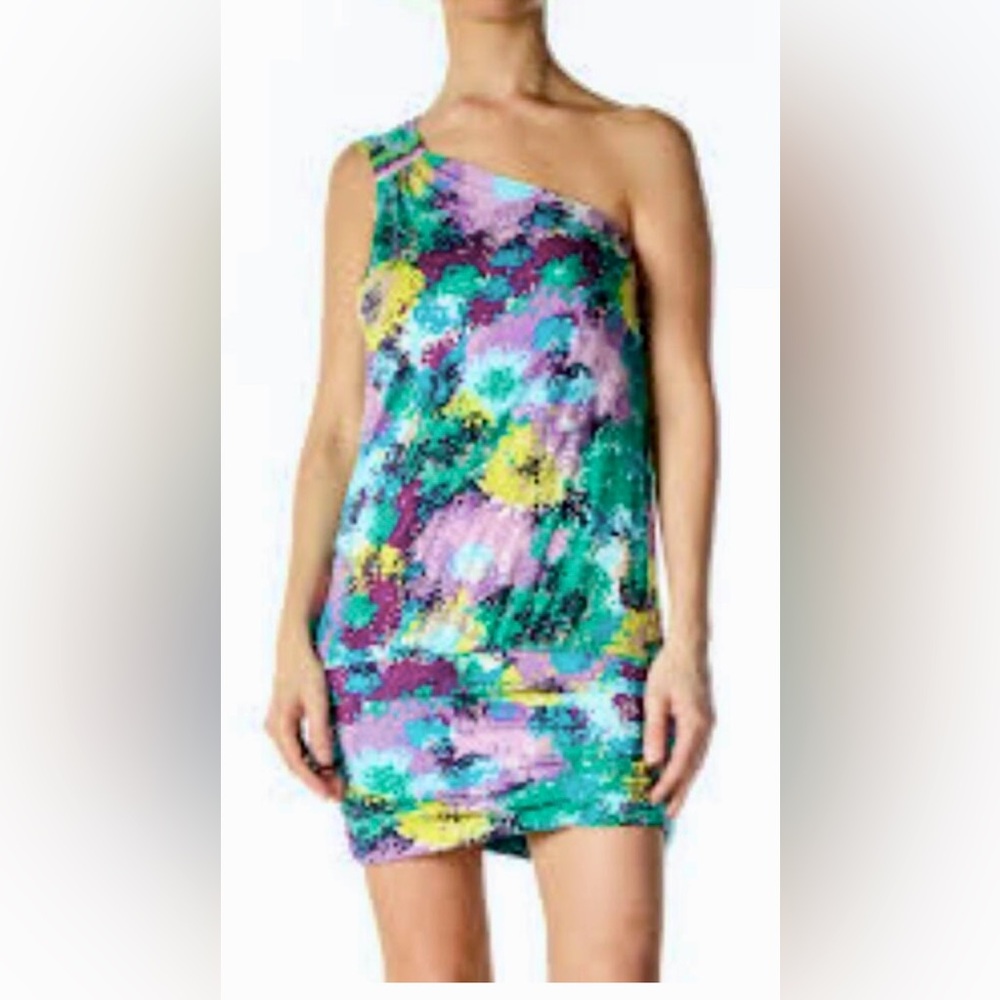 Y2K BCBGMaxAzria Slinky One Shoulder Digital Splatter Mini Dress TB1